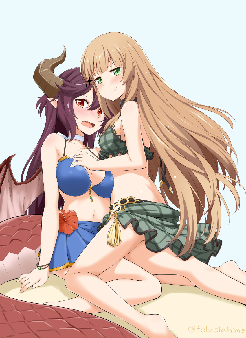 2girls absurdres anne_(shingeki_no_bahamut) bangs bare_arms bare_legs bare_shoulders bikini bikini_skirt black_hair blue_background blue_bikini blush bracelet breasts brown_hair cleavage closed_mouth commentary dragon_girl dragon_horns dragon_tail dragon_wings fang feet_out_of_frame felutiahime flower frills grea_(shingeki_no_bahamut) green_bikini green_eyes hair_between_eyes highres horns jewelry kneeling large_breasts long_hair looking_at_viewer medium_breasts multiple_girls navel open_mouth pointy_ears princess_connect! princess_connect!_re:dive purple_hair red_eyes red_flower sarong scales simple_background sitting sitting_on_lap sitting_on_person skirt smile swimsuit tail twitter_username wavy_mouth wings yuri