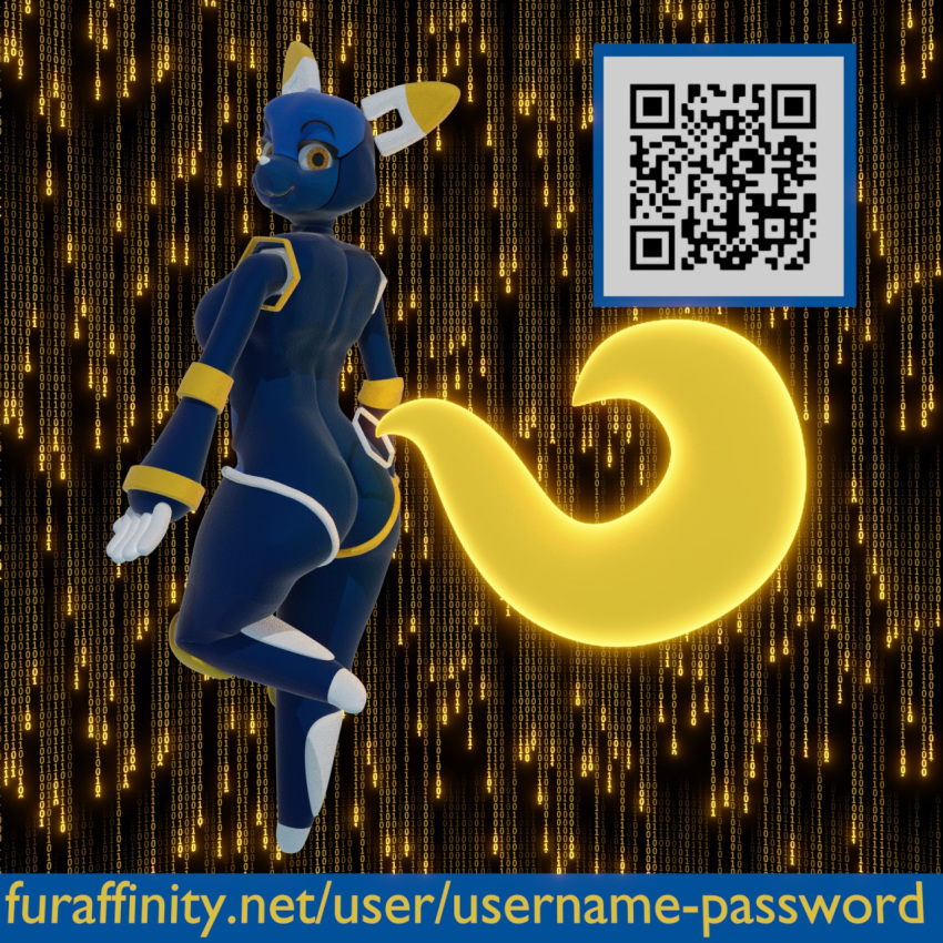 1:1 3d_(artwork) android big_breasts big_butt blue_body breasts butt digital_media_(artwork) domestic_cat e621 english_text esix felid feline felis hi_res looking_at_viewer looking_back machine mammal mascot one_leg_up qr_code raised_leg rear_view robot smile standing text url username-password vr_chat yellow_eyes