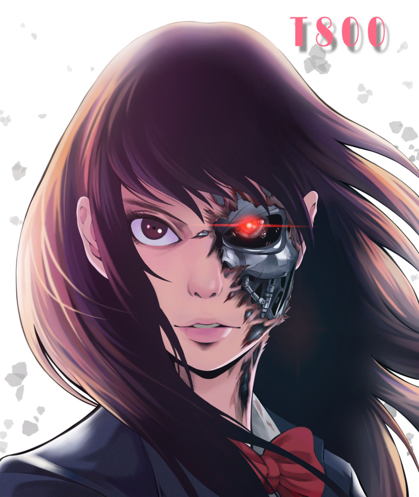 1girl brown_eyes brown_hair cyborg damaged glowing glowing_eye highres looking_at_viewer mechanical_parts original red_eyes robot school_uniform solo terminator to-ru