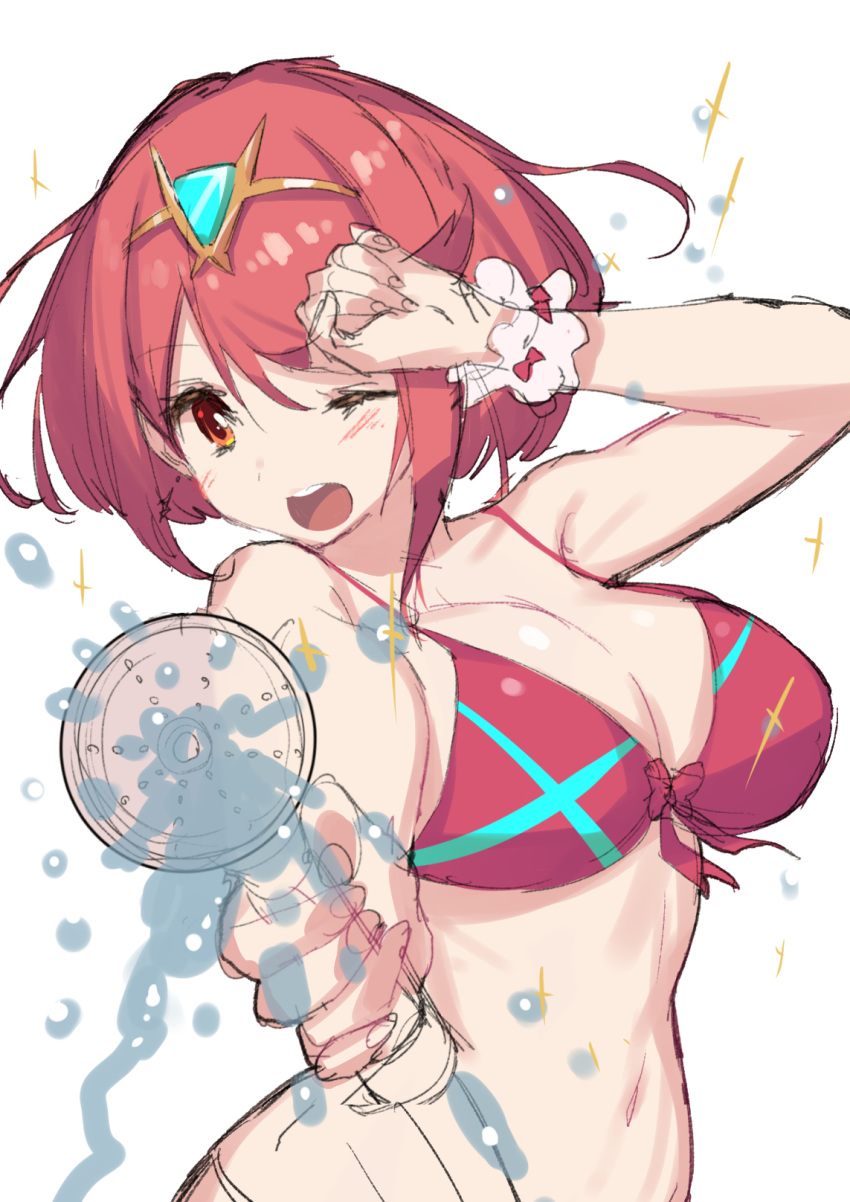 1girl ;d arm_up bangs bare_arms bare_shoulders bikini blush breasts cleavage commentary_request eyebrows_visible_through_hair green322 hand_on_own_head highres holding homura_(xenoblade_2) large_breasts navel one_eye_closed open_mouth orange_eyes pov red_bikini red_hair short_hair shower_head simple_background sketch smile solo splashing stomach swept_bangs swimsuit tiara upper_body water white_background work_in_progress wrist_cuffs xenoblade_(series) xenoblade_2