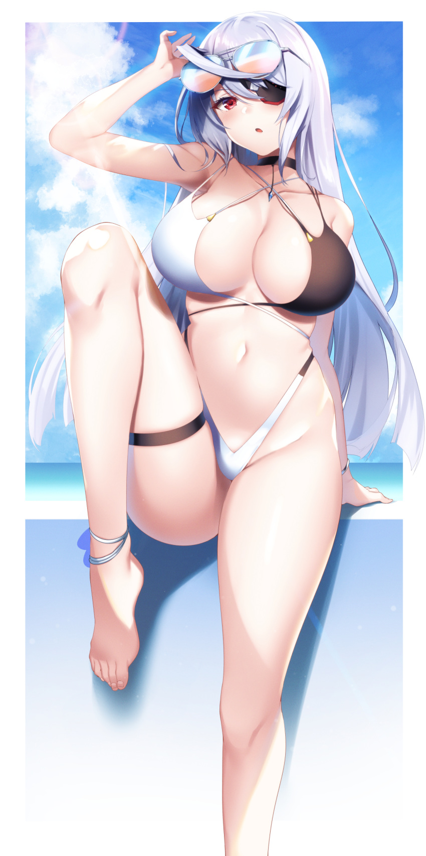 1girl absurdres arm_support bangs bare_shoulders barefoot bikini blush breasts choker cleavage cosplay day eyepatch eyewear_on_head groin hand_up highres infinite_stratos knee_up large_breasts laura_bodewig long_hair looking_at_viewer navel open_mouth outdoors raiou red_eyes silver_hair sitting solo sunglasses swimsuit thigh_strap thighs tosa_(hometown_zest)_(azur_lane) tosa_(hometown_zest)_(azur_lane)_(cosplay) very_long_hair wristband