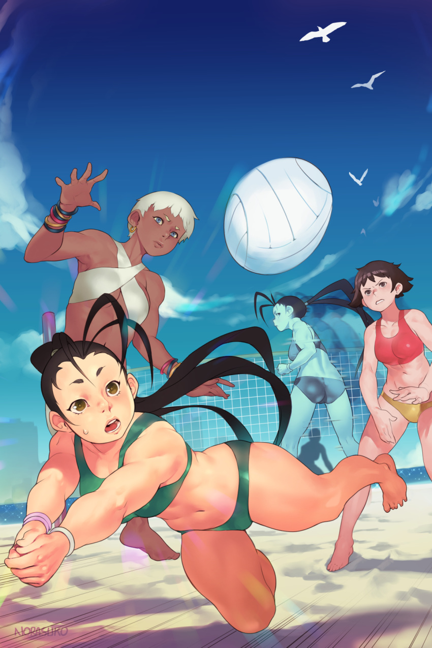 3girls afterimage antenna_hair ass bangle barefoot beach beach_volleyball bikini black_hair blue_eyes blue_sky bracelet breasts brown_eyes commentary criss-cross_halter dark_skin day earrings elena_(street_fighter) english_commentary gold_earrings green_swimsuit grey_hair halterneck highres hoop_earrings ibuki_(street_fighter) jewelry jumping long_hair makoto_(street_fighter) mismatched_bikini motion_lines multiple_girls norasuko ocean outdoors playing_sports ponytail red_swimsuit short_hair silver_swimsuit sky small_breasts sport sports_bikini street_fighter street_fighter_iii_(series) swimsuit underboob very_dark_skin volleyball volleyball_net