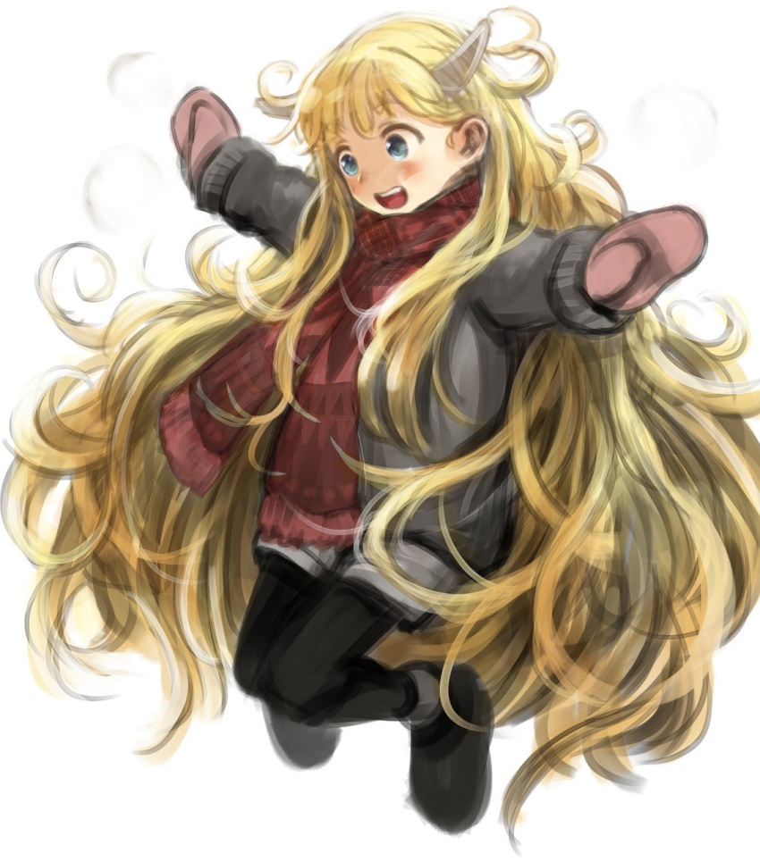 1girl :d big_hair black_legwear blonde_hair blue_eyes blush bosako_(haguhagu) full_body grey_jacket grey_shorts haguhagu_(rinjuu_circus) highres horns jacket long_hair long_sleeves mittens open_clothes open_jacket open_mouth original pantyhose red_scarf scarf shorts simple_background smile solo upper_body very_long_hair white_background