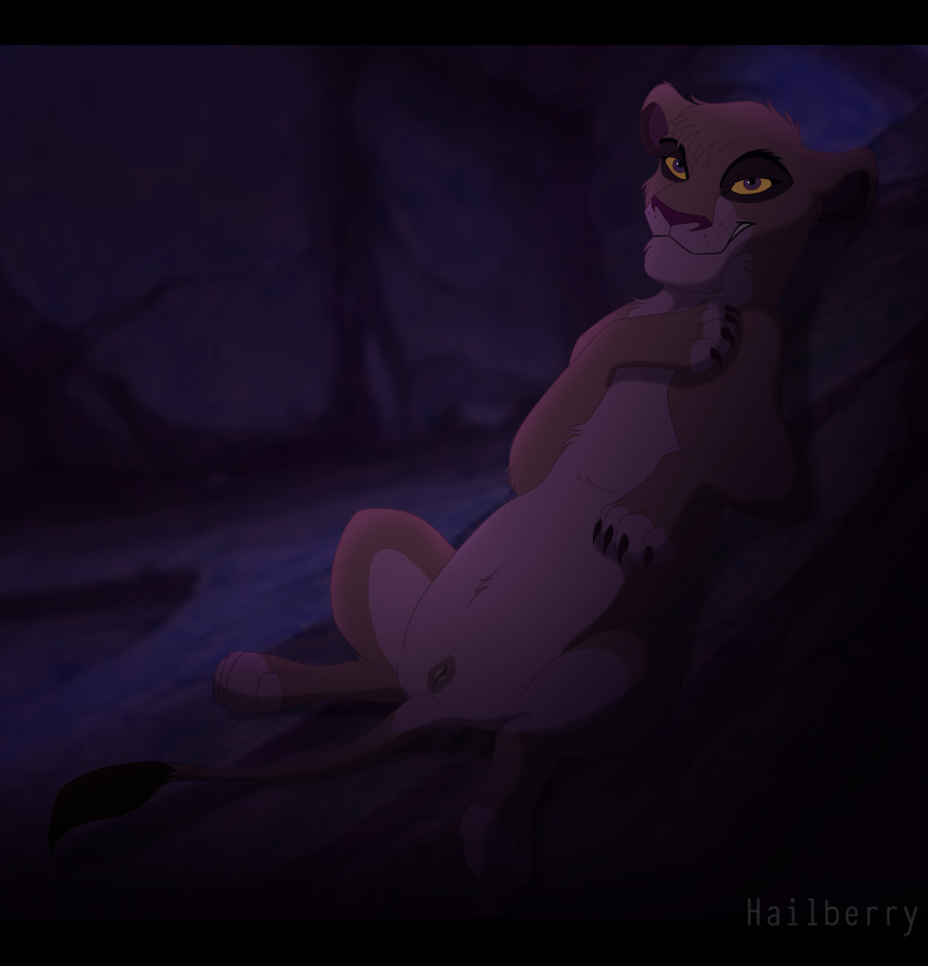 absurd_res claws disney felid female feral genitals hailberry half-closed_eyes hi_res lion looking_at_viewer lying mammal narrowed_eyes night on_back pantherine presenting presenting_pussy pussy smile solo spread_legs spreading the_lion_king vitani