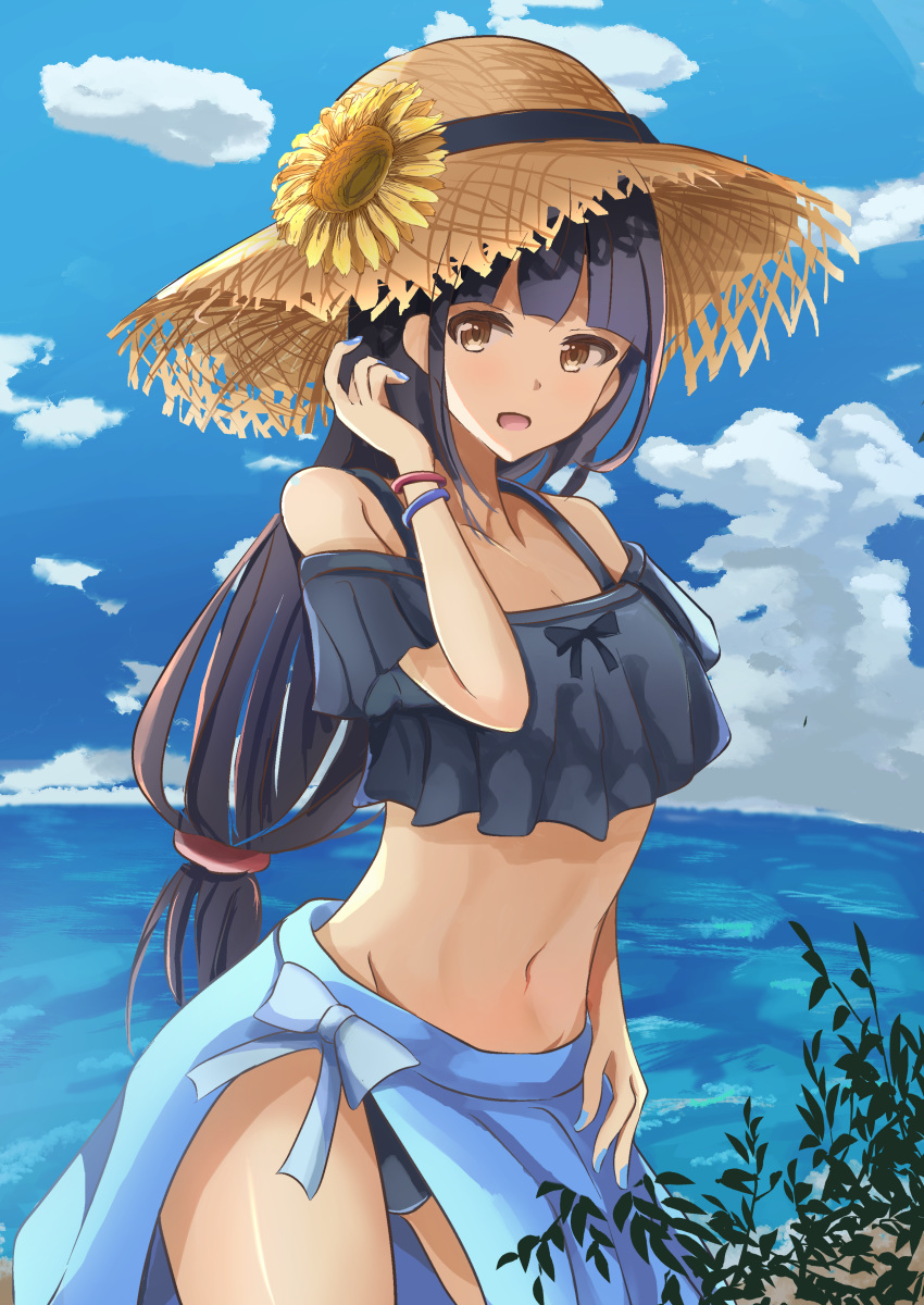 1girl absurdres beach bikini bikini_skirt black_hair blue_bikini blue_sky breasts collarbone crop_top day flower hat hatsushimo_(kantai_collection) highres kantai_collection long_hair looking_at_viewer low-tied_long_hair navel ocean older open_mouth outdoors palm_tree red_eyes sg_tacchi sky small_breasts solo sun_hat sunflower swimsuit tree water