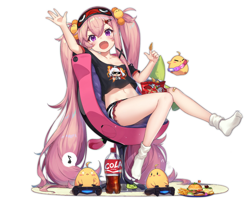 +_+ 1girl :d animal arm_up artist_request azur_lane bed bird black_shirt bottle chair chick chips cola crop_top crop_top_overhang fang food hair_ornament hamburger long_hair looking_at_viewer loungewear manjuu_(azur_lane) micro_shorts midriff musical_note navel off-shoulder_shirt off_shoulder official_art open_mouth pink_hair playstation_controller potato_chips prinz_eugen_(azur_lane) purple_eyes shirt short_sleeves shorts sitting sleep_mask smile socks solo spoken_musical_note stuffed_animal stuffed_toy thighs transparent_background twintails very_long_hair white_legwear z26_(azur_lane) z26_(sharing_is_caring)_(azur_lane)