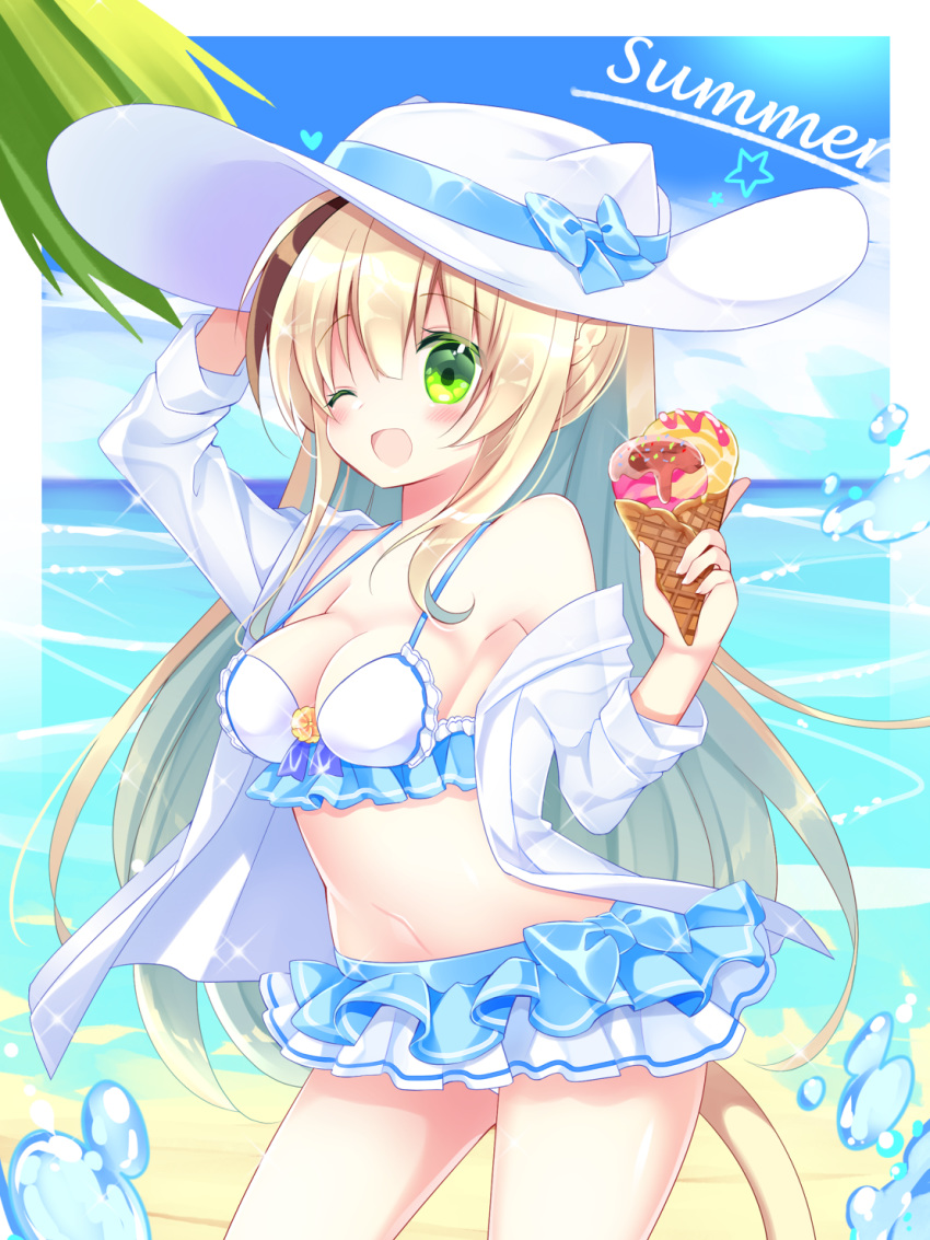 1girl :d animal_ears animal_hat arm_up bangs bare_shoulders bikini bikini_skirt blonde_hair blue_bow blush bow braid breasts brown_hair cat_ears cat_hat cat_tail cleavage commentary_request day double_scoop english_text eyebrows_visible_through_hair fake_animal_ears food green_eyes hair_between_eyes hand_on_headwear hat highres holding holding_food ice_cream ice_cream_cone jacket layered_bikini long_sleeves medium_breasts multicolored_hair navel off_shoulder open_clothes open_jacket open_mouth original outdoors shikito smile solo standing star_(symbol) streaked_hair summer sun_hat swimsuit tail white_bikini white_headwear white_jacket