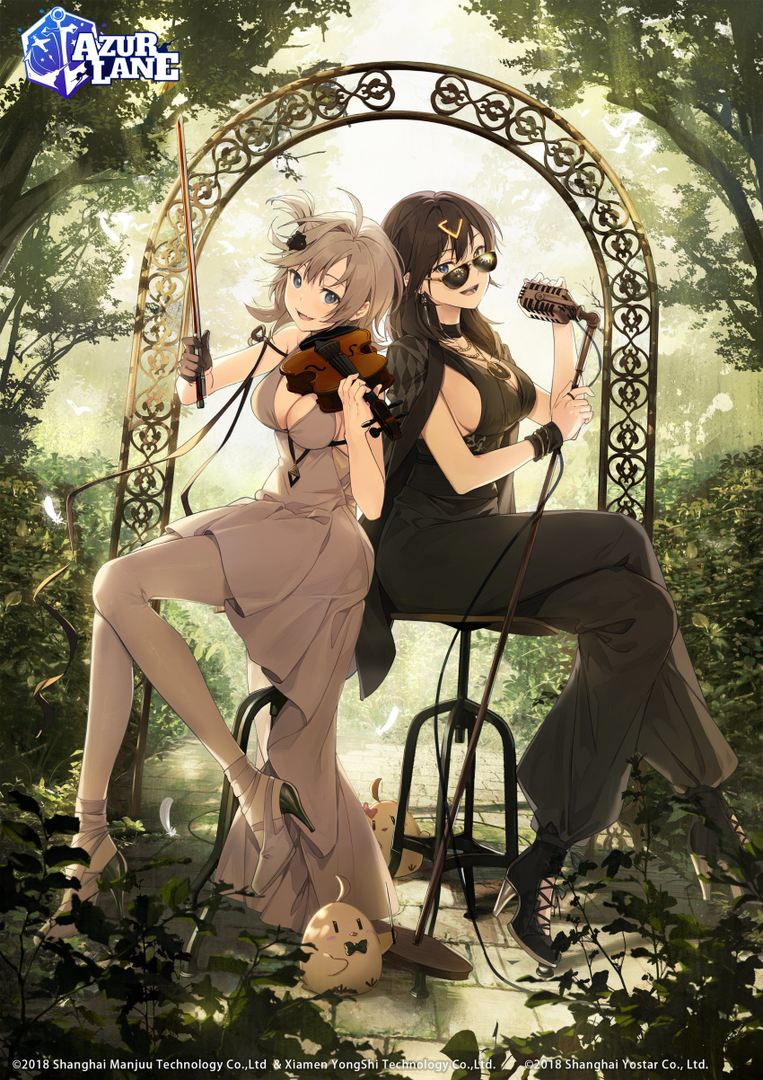 2girls :d absurdres ahoge arch azur_lane bare_shoulders bird black_choker black_coat black_dress black_footwear black_gloves black_hair blue_eyes bow_(instrument) breasts chick choker cleavage coat coat_on_shoulders dress earrings feathers georgia_(azur_lane) georgia_(south_town_pearl)_(azur_lane) gloves grey_dress grey_hair hair_ornament heterochromia high_heels highres holding instrument jewelry large_breasts long_hair looking_at_viewer manjuu_(azur_lane) microphone microphone_stand multiple_girls nagu nature necklace official_art open_mouth pantyhose plant seattle_(azur_lane) seattle_(gorgeous_party)_(azur_lane) sitting sleeveless sleeveless_dress smile stool sunglasses tree violin white_footwear white_legwear yellow_eyes