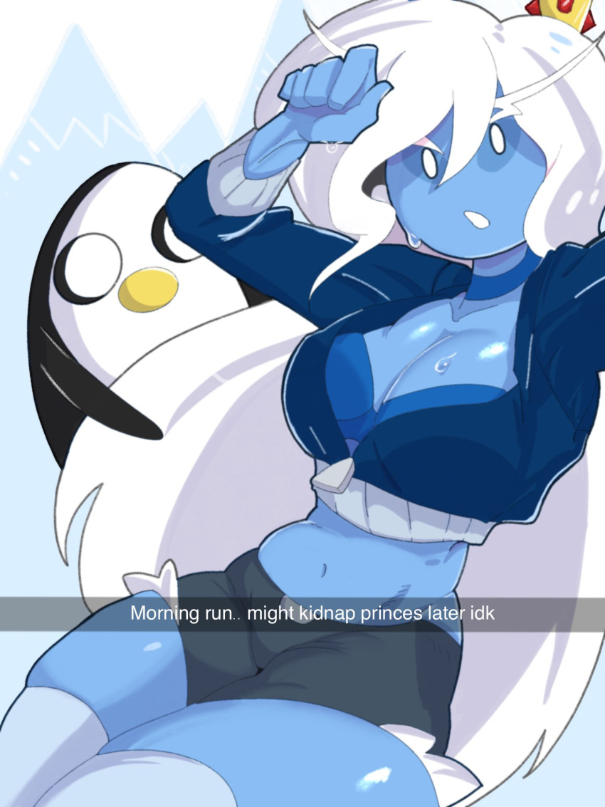 1girl 1other adventure_time bird blue_bra blue_jacket blue_skin bra breasts cleavage commentary cropped_jacket crown english_commentary english_text genderswap genderswap_(mtf) gunter_(adventure_time) highres ice_queen jacket large_breasts legs_together long_eyebrows looking_at_viewer midriff mini_crown navel no_pupils penguin self_shot shorts skel skindentation snapchat solo_focus sweat thick_thighs thighhighs thighs underwear white_eyes white_hair