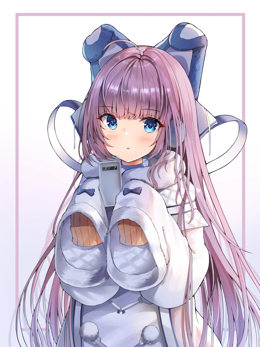 1girl absurdres ahoge azur_lane bangs blue_bow blue_eyes blunt_bangs blush bow cellphone coat eyebrows_visible_through_hair hair_bow highres long_hair long_sleeves looking_at_viewer parted_lips phone pom_pom_(clothes) purple_bow purple_hair sleeves_past_fingers sleeves_past_wrists smartphone sobmarine straight_hair tashkent_(azur_lane) two-tone_background upper_body very_long_hair white_background white_coat winter_clothes winter_coat