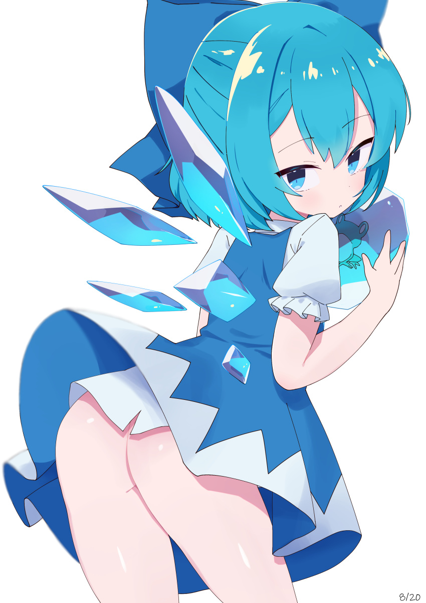 1girl absurdres animal ass blue_bow blue_dress blue_eyes blue_hair blue_wings bow burumanoeat cirno dated dress frog from_behind frozen_frog hair_bow highres holding ice ice_wings looking_at_viewer looking_back medium_hair no_panties puffy_short_sleeves puffy_sleeves shirt short_dress short_sleeves simple_background solo standing touhou white_background white_shirt wings