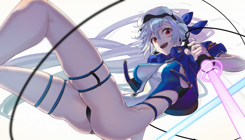 1girl blue_jacket blue_ribbon breasts cropped_jacket energy_sword fate/grand_order fate_(series) hair_ribbon head_mounted_display jacket jacket_over_swimsuit lightsaber open_mouth ponytail red_eyes ribbon sideboob silver_hair simple_background solo swimsuit sword tef thigh_strap tomoe_gozen_(fate/grand_order) tomoe_gozen_(swimsuit_saber)_(fate) weapon white_background