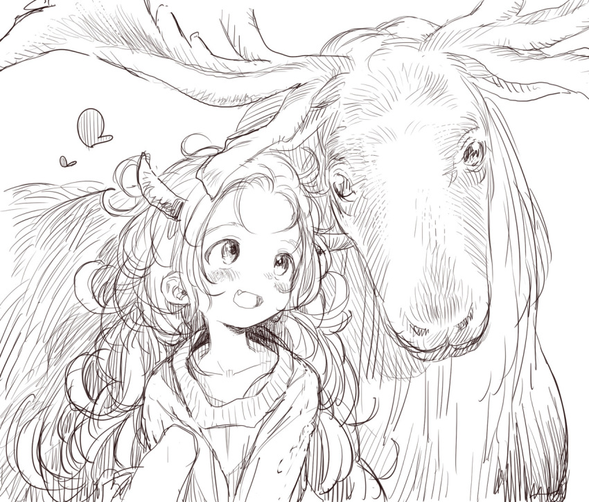 1girl :d big_hair blush bosako_(haguhagu) curly_hair fang greyscale haguhagu_(rinjuu_circus) heart long_hair messy_hair monochrome moose open_mouth original simple_background smile solo sweater white_background