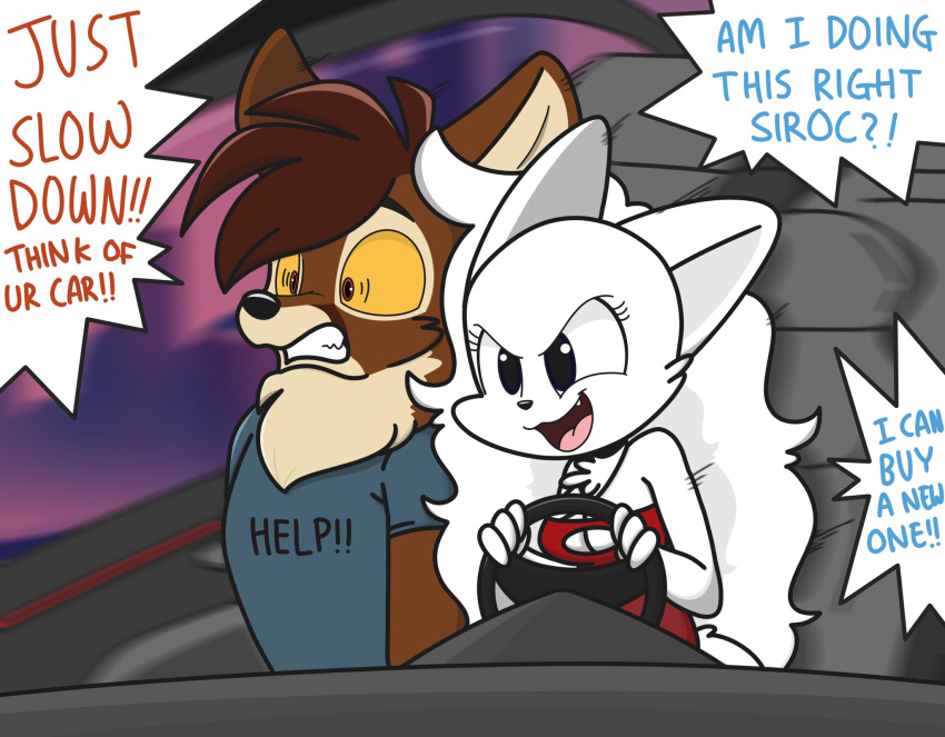 anthro blanca_(nicky_illust) brown_body brown_fur brown_hair canid canine canis car clothing dialogue domestic_dog driving duo english_text female fluffy fur hair hi_res inside_car long_hair male mammal nicky_illust red_clothing scared shirt siroc_(character) spitz text text_on_clothing text_on_shirt text_on_topwear topwear vehicle viverrid white_body white_fur white_hair yellow_sclera