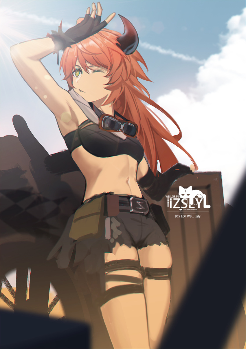 1girl ;&lt; alternate_hairstyle arknights arm_up armpits bandeau bangs black_gloves black_shorts blue_sky cloud commentary_request cowboy_shot croissant_(arknights) day fingerless_gloves gloves goggles goggles_around_neck highres horns iz\ long_hair midriff navel one_eye_closed orange_hair short_shorts shorts sky solo standing stomach thigh_strap thighs yellow_eyes