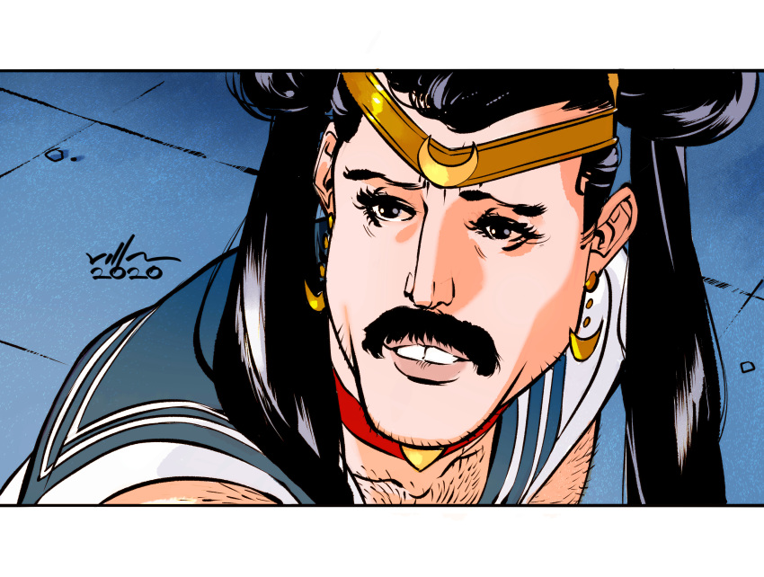 1boy 2020 arm_hair bishoujo_senshi_sailor_moon black_hair blue_sailor_collar c.f._villa chest_hair choker commentary cosplay crescent crescent_earrings derivative_work diadem double_bun earrings english_commentary eyelashes facial_hair freddie_mercury hair_over_shoulder highres jewelry letterboxed lips long_hair male_focus mustache queen_(band) red_choker sailor_collar sailor_moon sailor_moon_(cosplay) sailor_moon_redraw_challenge sailor_senshi_uniform screencap_redraw signature solo tiara twintails upper_body