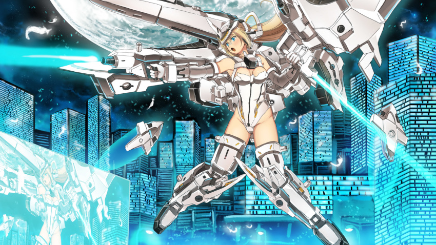 1girl :o arnval_mk2 beam_saber blonde_hair blue_eyes breasts busou_shinki city cleavage energy_gun garimpeiro gun highres holding holding_gun holding_sword holding_weapon holographic_monitor horns leotard mecha_musume open_mouth ponytail single_horn small_breasts solo sword weapon