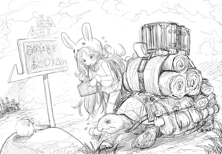 1girl animal_hood backpack bag bosako_(haguhagu) bunny_hood child fang flying_sweatdrops galapagos_tortoise greyscale haguhagu_(rinjuu_circus) hood hood_up leaning_forward long_hair monochrome original parted_lips sign sketch solo sweat tent tortoise translation_request turtle very_long_hair