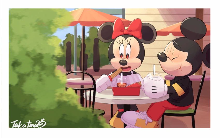 2020 accessory anthro beverage black_nose chair clothing disney duo_focus eating female footwear furniture group hair_accessory hair_bow hair_ribbon hi_res male mammal mickey_mouse minnie_mouse mouse murid murine open_mouth plant ribbons rodent shrub signature silhouette sitting table takatmadisney tongue umbrella
