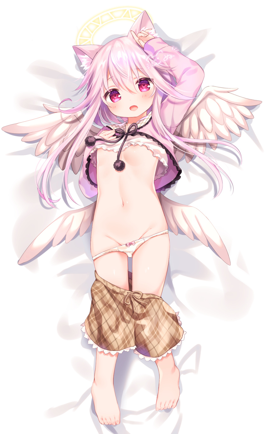 1girl animal_ear_fluff animal_ears arm_up bangs barefoot bed_sheet blush bow bow_panties breasts brown_shorts cat_ears commentary_request dakimakura eyebrows_visible_through_hair feathered_wings frilled_shirt frills full_body glowing groin hair_between_eyes halo highres jacket komachi_pochi long_hair long_sleeves looking_at_viewer lying mini_wings multiple_wings navel on_back open_mouth original panties panty_pull pink_hair pink_jacket plaid plaid_shorts purple_eyes shirt shorts shorts_pull signature sleeves_past_wrists small_breasts solo underwear very_long_hair white_panties white_shirt white_wings wings