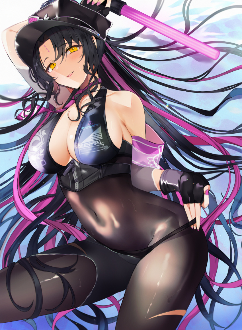 1girl bangs banned_artist bare_shoulders baton black_bodysuit black_panties blush bodysuit breasts cleavage collarbone covered_navel facial_mark fate/grand_order fate_(series) forehead_mark forehead_tattoo hat highres large_breasts long_hair looking_at_viewer necktie panties parted_bangs peaked_cap pink_neckwear ponytail sesshouin_kiara sesshouin_kiara_(swimsuit_mooncancer)_(fate) smile tetsubuta thighs underwear very_long_hair wavy_hair yellow_eyes