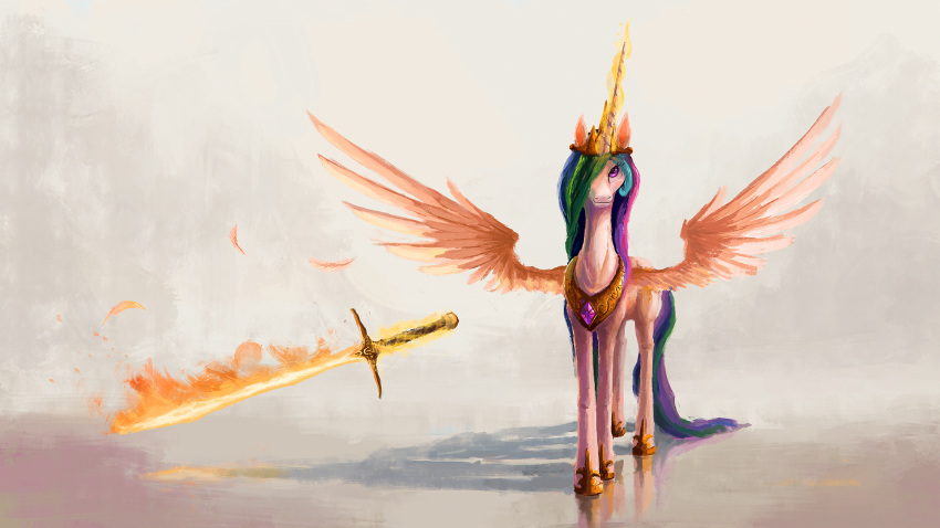 16:9 2020 crown equid female fire flaming_sword friendship_is_magic hasbro hi_res horn jewelry mammal my_little_pony necklace plainoasis pose princess_celestia_(mlp) semi-anthro solo spread_wings tiara widescreen winged_unicorn wings