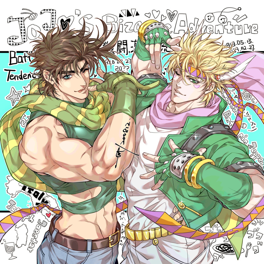 2boys ;p adam's_apple arm_up background_text bare_arms bare_shoulders battle_tendency belt belt_buckle blonde_hair bracelet brown_belt brown_hair buckle caesar_anthonio_zeppeli character_name chinese_commentary closed_mouth commentary_request copyright_name crop_top dated denim english_text facial_mark feather_hair_ornament feathers fingerless_gloves glint gloves green_eyes green_gloves green_jacket hair_between_eyes hair_feathers hand_on_another's_hip hand_up headgear heart highres jacket jeans jewelry jojo_no_kimyou_na_bouken joseph_joestar_(young) light_smile looking_at_viewer male_focus midriff multiple_boys muscle navel one_eye_closed pants pink_scarf sashiyu scarf short_hair signature smile sparkle spiked_hair striped striped_scarf symbol_commentary tongue tongue_out upper_body