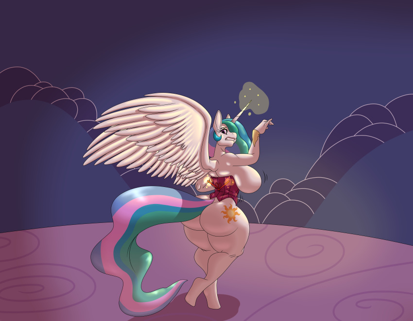 absurd_res anthro anthrofied big_breasts big_butt breasts butt clothing corset equid female friendship_is_magic hi_res horn lingerie magic mammal mostly_nude mr.pink my_little_pony nonuberis princess_celestia_(mlp) rear_view solo thick_thighs topwear winged_unicorn wings