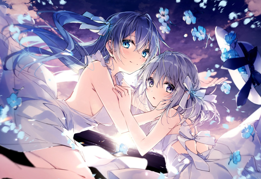 2girls bangs bare_arms bare_shoulders blue_eyes blue_flower blue_hair blush bow breasts closed_mouth commentary dress dutch_angle english_commentary eyebrows_visible_through_hair flower grey_hair hair_between_eyes hair_bow hat hat_removed headwear_removed highres long_hair looking_at_viewer medium_breasts mochizuki_shiina multiple_girls one_side_up original petals purple_eyes sleeveless sleeveless_dress smile sun_hat very_long_hair white_bow white_dress white_headwear