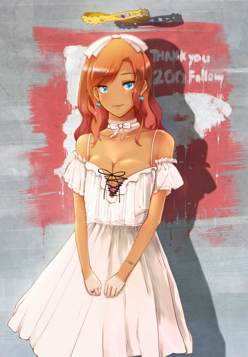 1girl alice_gear_aegis bare_shoulders blue_eyes breasts cleavage collarbone commentary_request dark_skin detached_sleeves dress earrings gloves hair_ribbon half_gloves halo heart heart_earrings highres jewelry long_hair looking_at_viewer medium_breasts okota_(pixiv) red_hair ribbon ring short_sleeves solo spaghetti_strap white_dress white_gloves white_ribbon yorozuba_meika