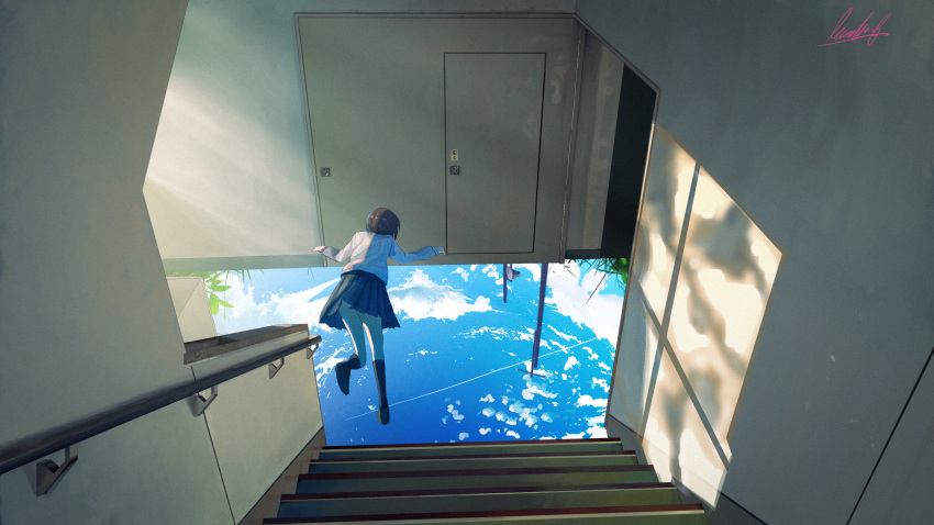 1girl absurdres banishment blurry brown_hair cloud door falling film_grain from_above grass handrail highres huge_filesize indoors kneehighs light_rays original pleated_skirt scenery school_uniform shadow short_hair skirt sky solo stairs sunlight surreal telephone_pole