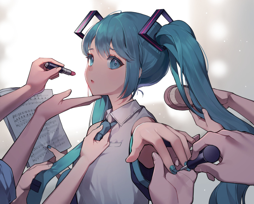 aqua_eyes aqua_hair azit_(down) cropped hatsune_miku long_hair music paper tie twintails vocaloid