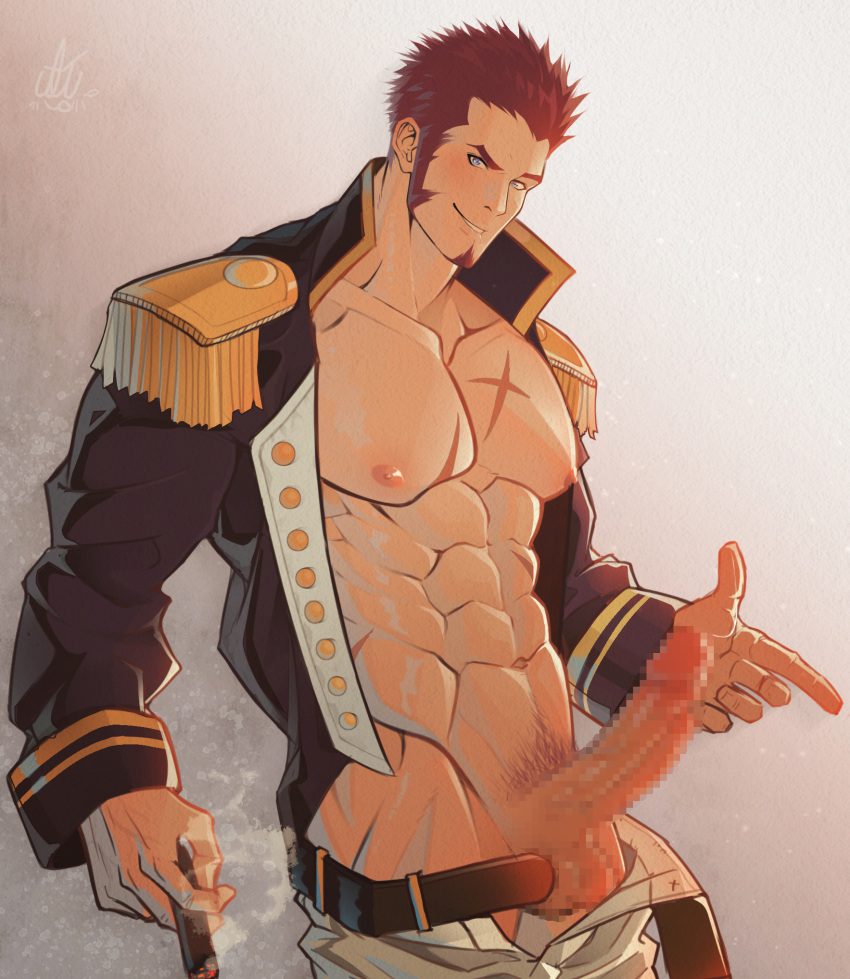 1boy abs bara belt blue_eyes blush brown_hair censored chest cigar collar deadbeatincubus epaulettes erection facial_hair fate/grand_order fate_(series) fringe_trim goatee highres jacket long_sleeves looking_at_viewer male_focus male_pubic_hair military mosaic_censoring muscle napoleon_bonaparte_(fate/grand_order) open_clothes open_jacket open_shirt pants pectorals penis pubic_hair scar sideburns simple_background smile solo testicles unbuttoned uniform