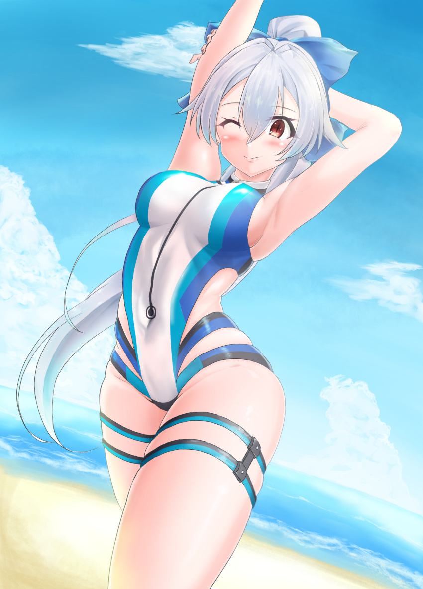 1girl arm_behind_head armpits arms_up beach blue_bow blue_sky blue_swimsuit blush bow breasts cloud commentary_request day fate/grand_order fate_(series) hair_between_eyes hair_bow highres large_breasts long_hair looking_at_viewer multicolored multicolored_clothes multicolored_swimsuit ocean one-piece_swimsuit one_eye_closed outdoors ponytail red_eyes silver_hair sky slit_pupils smile solo swimsuit tomoe_gozen_(fate/grand_order) tomoe_gozen_(swimsuit_saber)_(fate) tsuchinari_yumiichi very_long_hair white_swimsuit