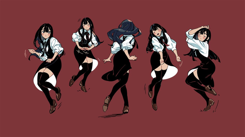1girl black_dress black_eyes black_hair black_legwear black_neckwear blush_stickers brown_footwear character_request check_character closed_mouth collared_shirt dancing dress full_body juby long_hair multiple_views neck_ribbon open_mouth original red_background ribbon shirt shoes simple_background thighhighs white_shirt