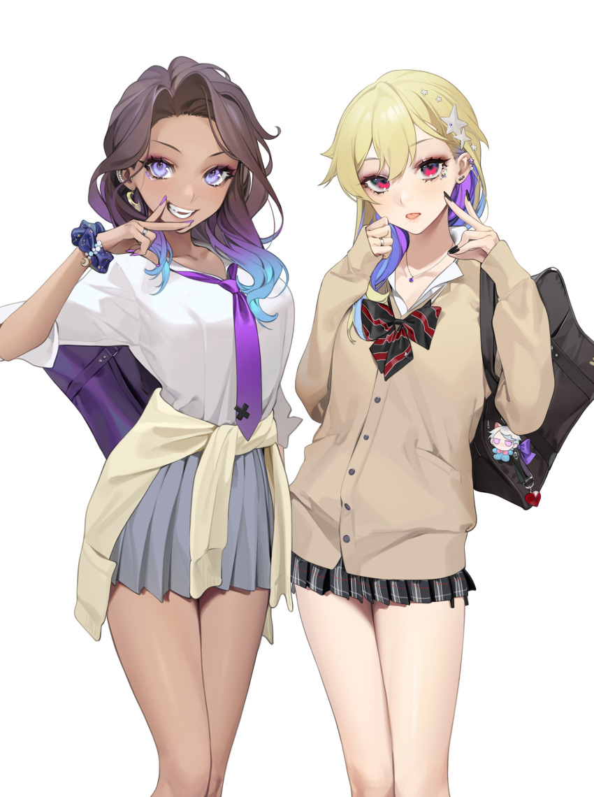 2girls absurdres bangs black_nails blonde_hair breasts brown_cardigan brown_hair cardigan clothes_around_waist collarbone grey_skirt hair_ornament hand_up hands_up highres hime_(splatoon) humanization iida_(splatoon) jewelry long_hair long_sleeves looking_at_viewer medium_breasts multiple_girls nail_polish necklace necktie ohisashiburi open_mouth pink_eyes plaid plaid_skirt pleated_skirt purple_eyes purple_neckwear skirt sleeves_past_wrists smile splatoon_(series) splatoon_2 standing star_(symbol) star_hair_ornament sweater sweater_around_waist teeth v v_over_mouth
