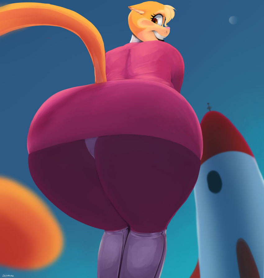 absurd_res anthro big_butt butt butt_focus clothing domestic_cat dress felid feline felis female hi_res leggings legwear lilly_(vimhomeless) looking_at_viewer looking_back looking_back_at_viewer mammal panties solo spacecraft thick_thighs underwear vehicle vimhomeless