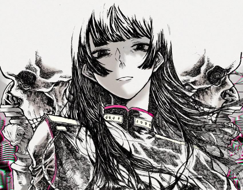 1girl bangs blunt_bangs chromatic_aberration closed_mouth greyscale hatching hatching_(texture) highres jirou_2018 long_hair looking_at_viewer microphone monochrome original skull solo spot_color traditional_media uniform