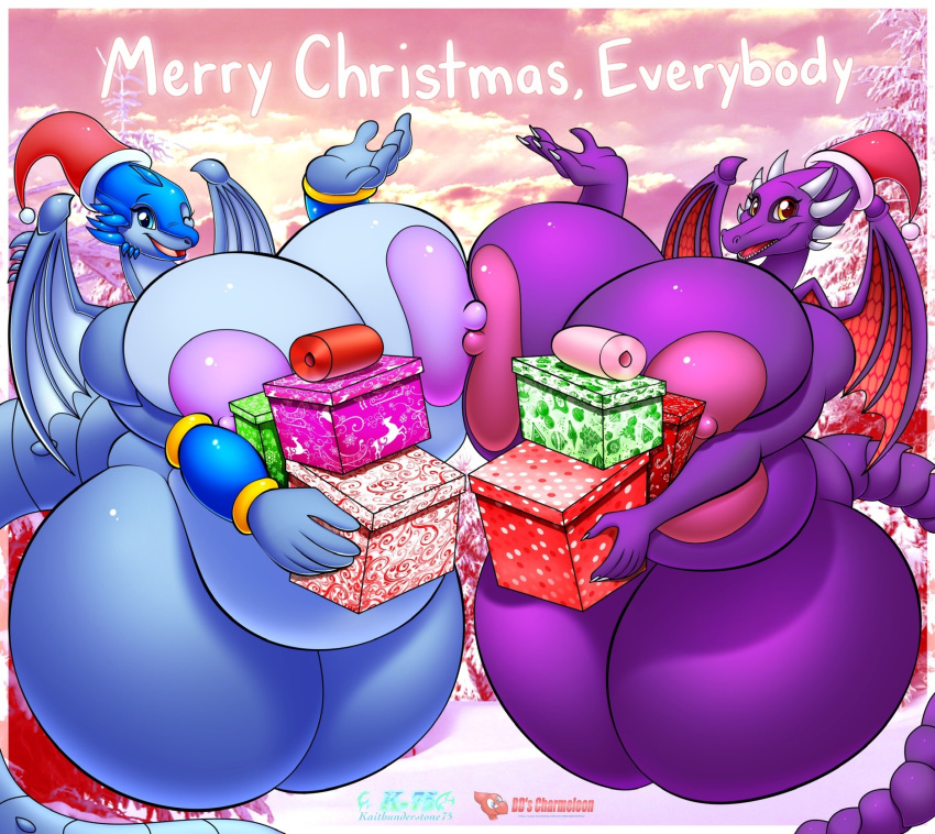 anthro bds_charmeleon big_breasts breast_squish breasts breasts_frottage christmas dragon duo female gift hi_res holidays huge_breasts hyper hyper_breasts kaithunderstone75 metroid nintendo nude overweight ridley squish thick_thighs video_games