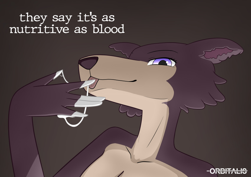 absurd_res anthro beastars bodily_fluids brown_body brown_fur canid canine canis cum english_text female finger_fetish finger_lick finger_play fingers fur genital_fluids hi_res juno_(beastars) licking looking_at_viewer mammal orbitalis purple_eyes simple_background solo text tongue tongue_out wolf