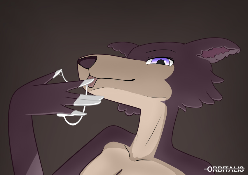 absurd_res anthro beastars bodily_fluids brown_body brown_fur canid canine canis cum female finger_fetish finger_lick finger_play fingers fur genital_fluids hi_res juno_(beastars) licking looking_at_viewer mammal orbitalis purple_eyes simple_background solo tongue tongue_out wolf