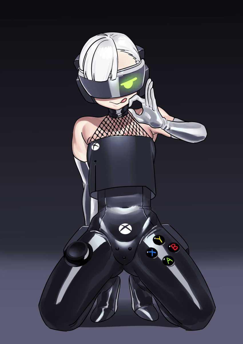 1girl absurdres bare_shoulders black_background choker closed_mouth commission covered_navel elbow_gloves fellatio_gesture fishnets gloves grey_gloves hand_gesture highres kneeling microsoft nia4294 original personification sexually_suggestive short_hair smile solo spread_legs tongue tongue_out visor white_hair xbox_series_x xbox_series_x_(personification)