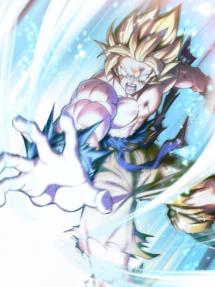 1boy blonde_hair blood blood_on_face bruise_on_face commentary_request dragon_ball highres male_focus mattari_illust muscle open_mouth solo son_gokuu spiked_hair super_saiyan super_saiyan_1 torn_clothes v-shaped_eyebrows