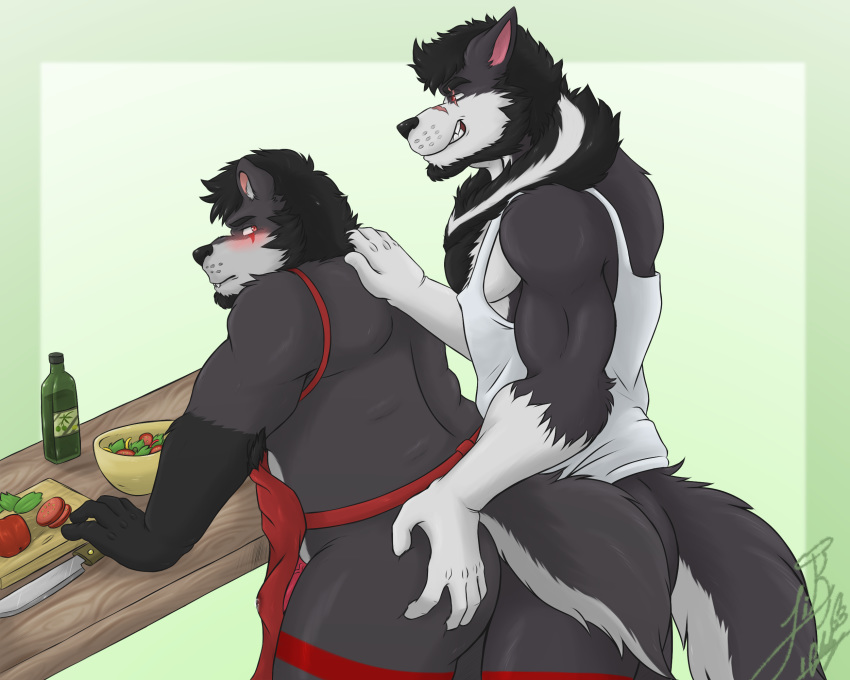 5:4 anthro apron apron_only canid canine canis clothing duo hairy hi_res hybrid kitchen krousser krowlfer likangel male male/male mammal mostly_nude salad selfcest square_crossover teeth_showing tsundere ursid were werecanid werecanine werewolf wolf