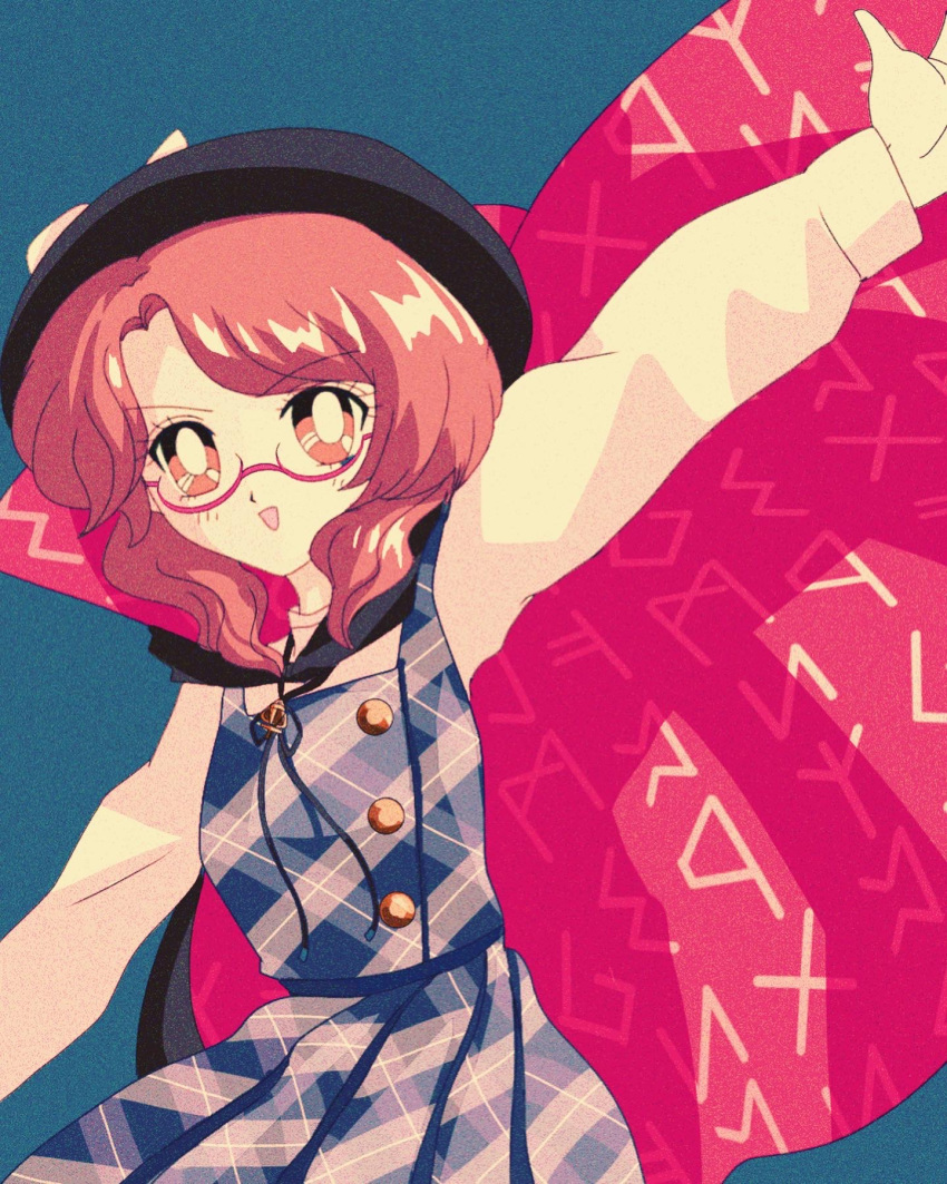 1990s_(style) 1girl bow brown_eyes brown_hair clothes_writing glasses hanadi_detazo hat hat_bow highres long_sleeves open_mouth plaid plaid_skirt plaid_vest red-framed_eyewear runes school_uniform shirt short_hair skirt smile solo touhou usami_sumireko vest