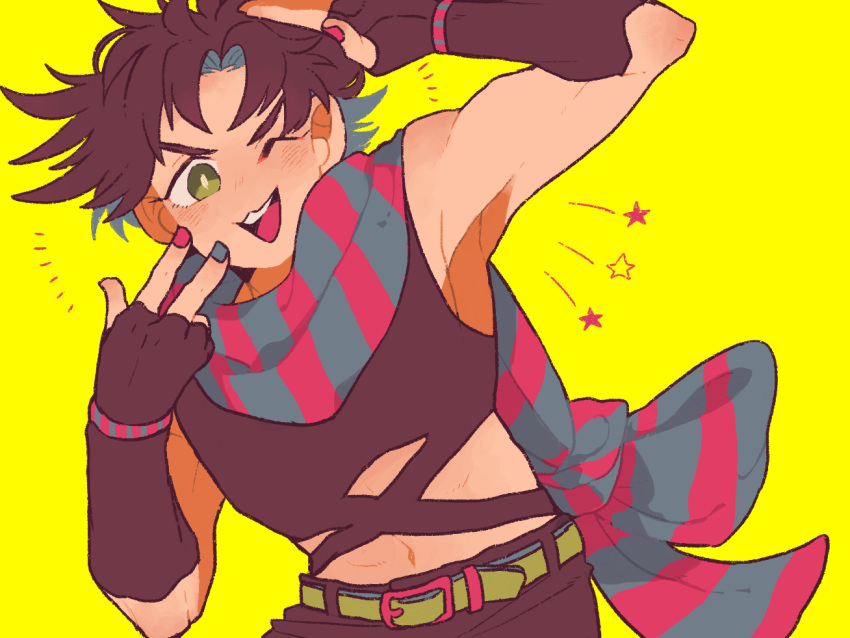 1boy arm_up armpits bare_arms bare_shoulders battle_tendency belt belt_buckle bow brown_hair buckle commentary_request crop_top fingerless_gloves gloves green_eyes grin hand_on_own_face hand_up jojo_no_kimyou_na_bouken joseph_joestar_(young) leaning leaning_to_the_side looking_at_viewer male_focus midriff nail_polish navel one_eye_closed open_mouth remu_(kudarizaka_25) scarf scarf_bow short_hair simple_background sleeveless smile solo spiked_hair star_(symbol) striped striped_scarf yellow_background