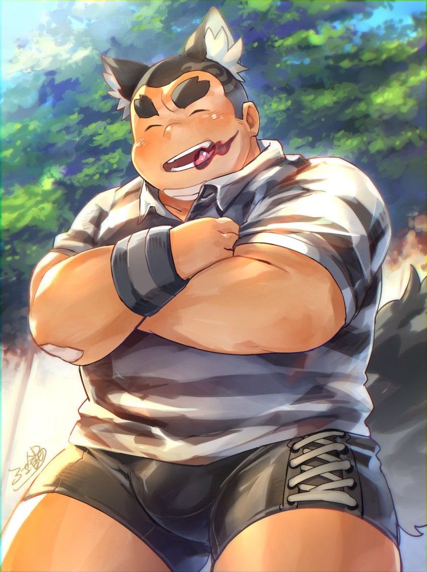 1boy animal_ear_fluff animal_ears bandaid bandaid_on_arm bandaid_on_face bara black_fire black_hair black_wristband bulge buzz_cut closed_eyes collared_shirt commentary_request cowboy_shot cross-laced_clothes cross-laced_shorts crossed_arms daihukudokoro fire highres huge_eyebrows infernal_trickster_(housamo) male_focus open_mouth outdoors plump shirt short_hair shorts signature smile solo striped striped_shirt tail tokyo_afterschool_summoners very_short_hair wolf_ears wolf_tail