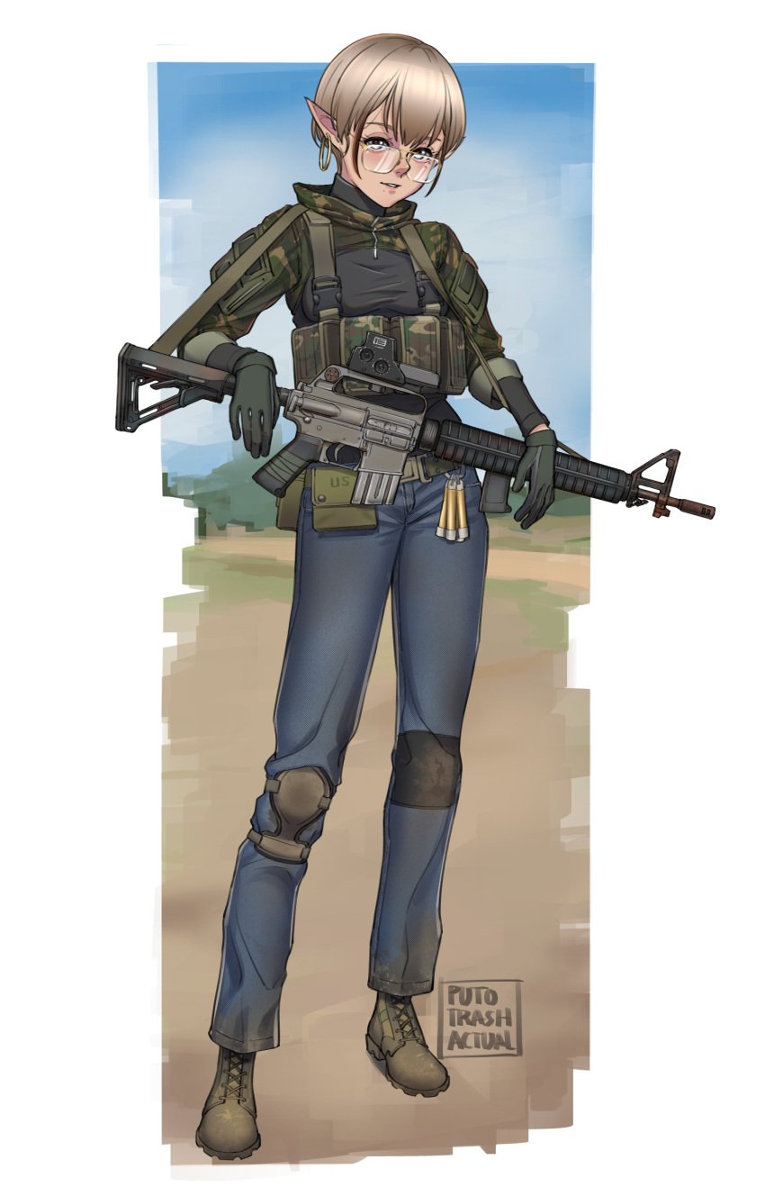 1girl absurdres artist_name assault_rifle black_shirt blue_eyes blue_pants brown_hair camouflage chest_rig denim elf eotech glasses gloves green_gloves green_shirt gun highres jeans looking_at_viewer m16 m16a1 optical_sight original pants pointy_ears puto_trash rifle shirt solo weapon woodland_camouflage