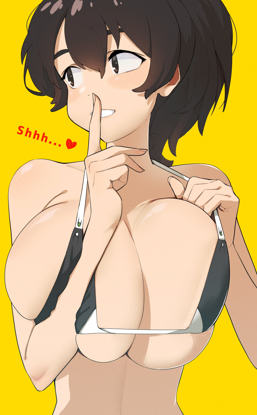 1girl absurdres bikini bikini_pull breasts clothes_pull finger_to_mouth girls_und_panzer highres koyama_yuzu large_breasts midriff ponytail shita_(yagisauce_07) shushing swimsuit yellow_background