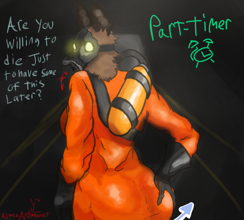 armedantagonist butt butt_focus clothing dialogue female flirting fur gas_mask gas_tank gloves glowing glowing_eyes handwear hazmat_suit hi_res humanoid hyena lethal_company lethalcreature_(darnhyena) looking_at_viewer mammal mask part-timer_(armedantagonist) solo spread_butt spreading wrinkles
